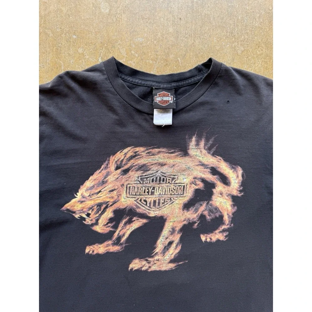 Harley Davidson Faded & Distressed Flames Wolf Minneapolis Biker Y2K T-Shirt (L)